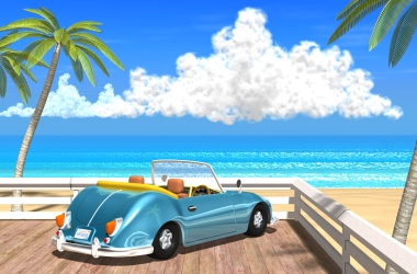 2018年8月 夏の海と椰子の木と車-1