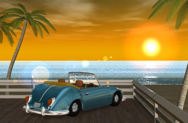 2018年9月 3DCG壁紙 夏の海と椰子の木と車（夕陽）