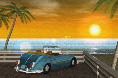 2018年9月 3DCG壁紙 夏の海と椰子の木と車（夕陽）キャンバス風
