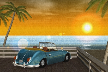 2018年9月 3DCG壁紙 夏の海と椰子の木と車（夕陽）キャンバス風