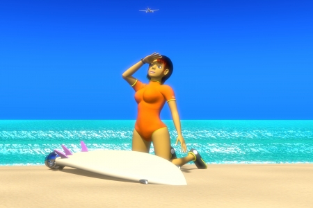 2021年8月 80年代旅行CM風3Dキャラクターと海2（WS：オレンジ）
