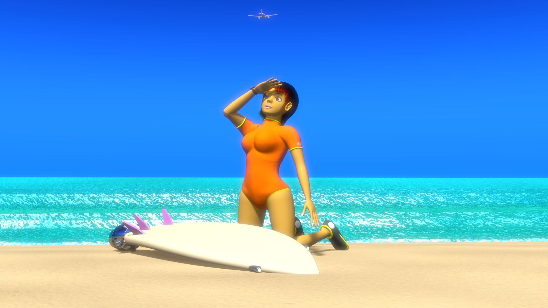 2021年8月 80年代旅行CM風3Dキャラクターと海2（WS：オレンジ）