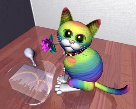 虹色の猫と花瓶（3Dキャラクター）