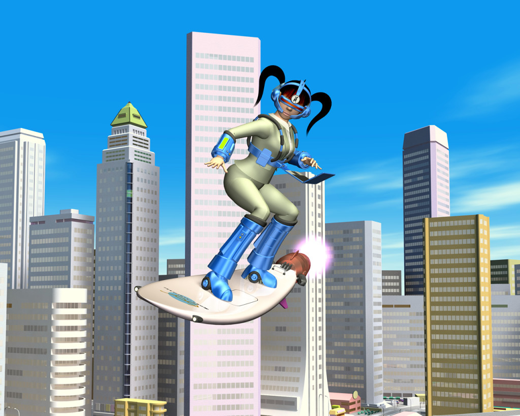 OLが空飛ぶサーフィン（3Dキャラクター）