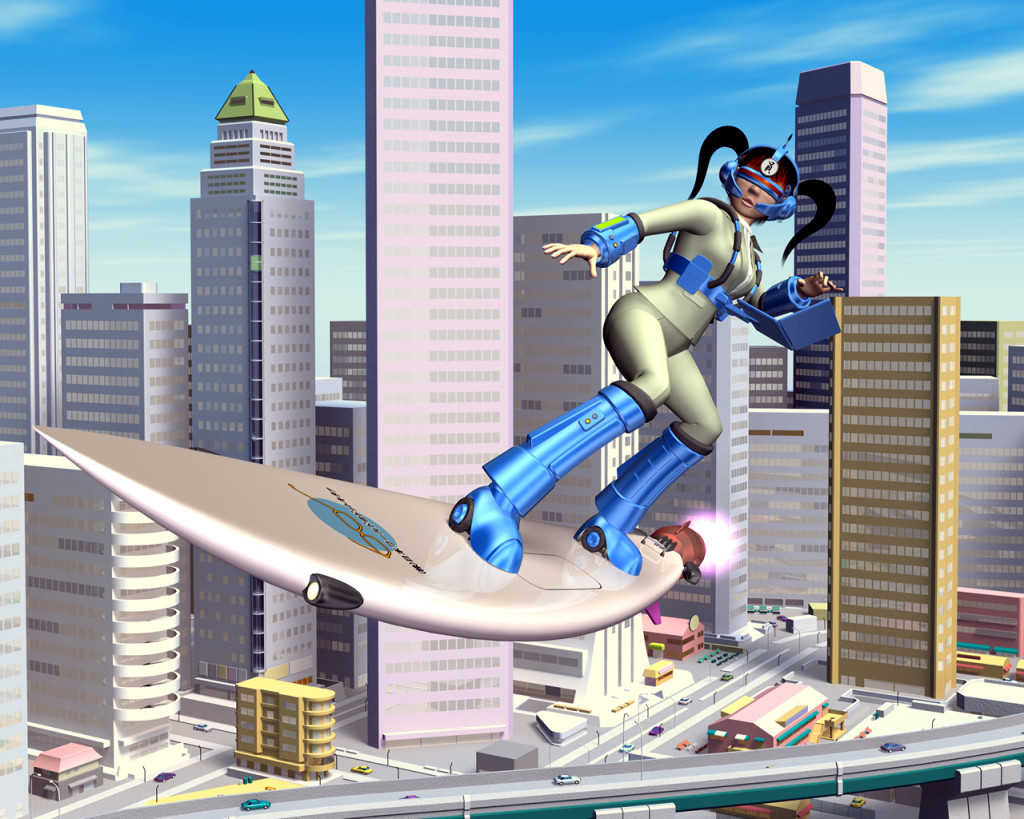 OL空中サーフィンと高層ビル群（3Dキャラクター）