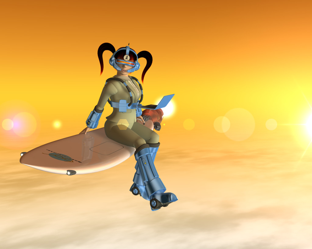 空飛ぶサーフィンOLと夕日（3Dキャラクター）