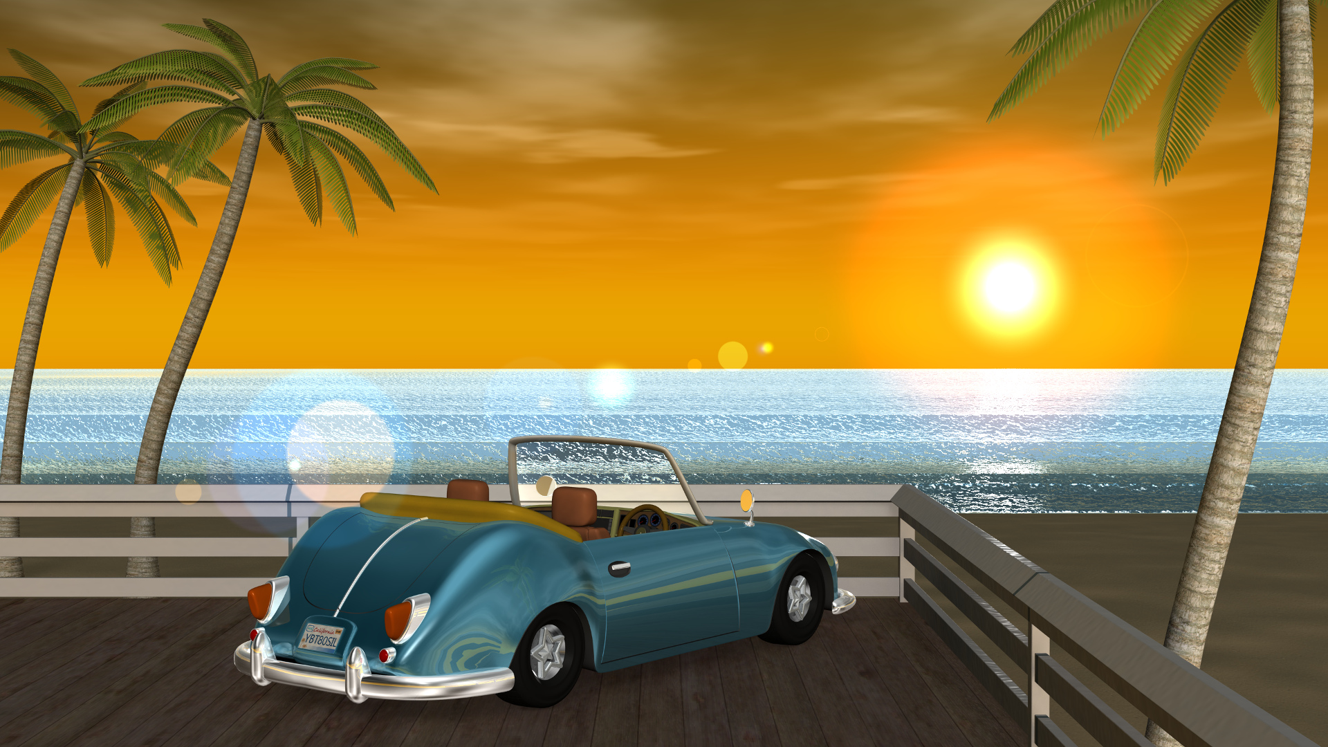 3DCG壁紙 夏の海と椰子の木と車（夕陽）-1