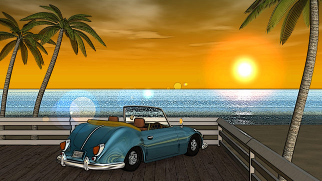 3DCG壁紙 夏の海と椰子の木と車（夕陽）-3