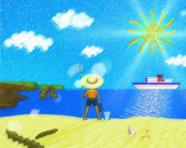海と砂浜と太陽（色鉛筆画風）（その他の3DCG）