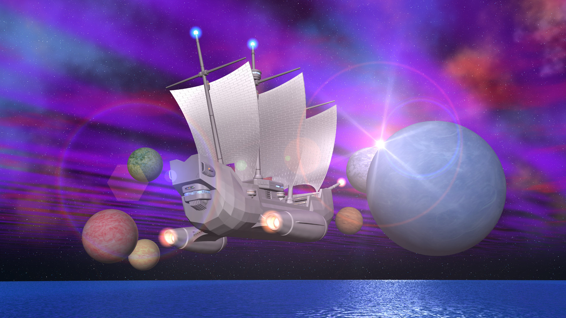 3DCG宇宙帆船StarMariaと惑星と海