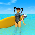 3DCG壁紙 海とサーフボードと3DキャラクターのOL-4