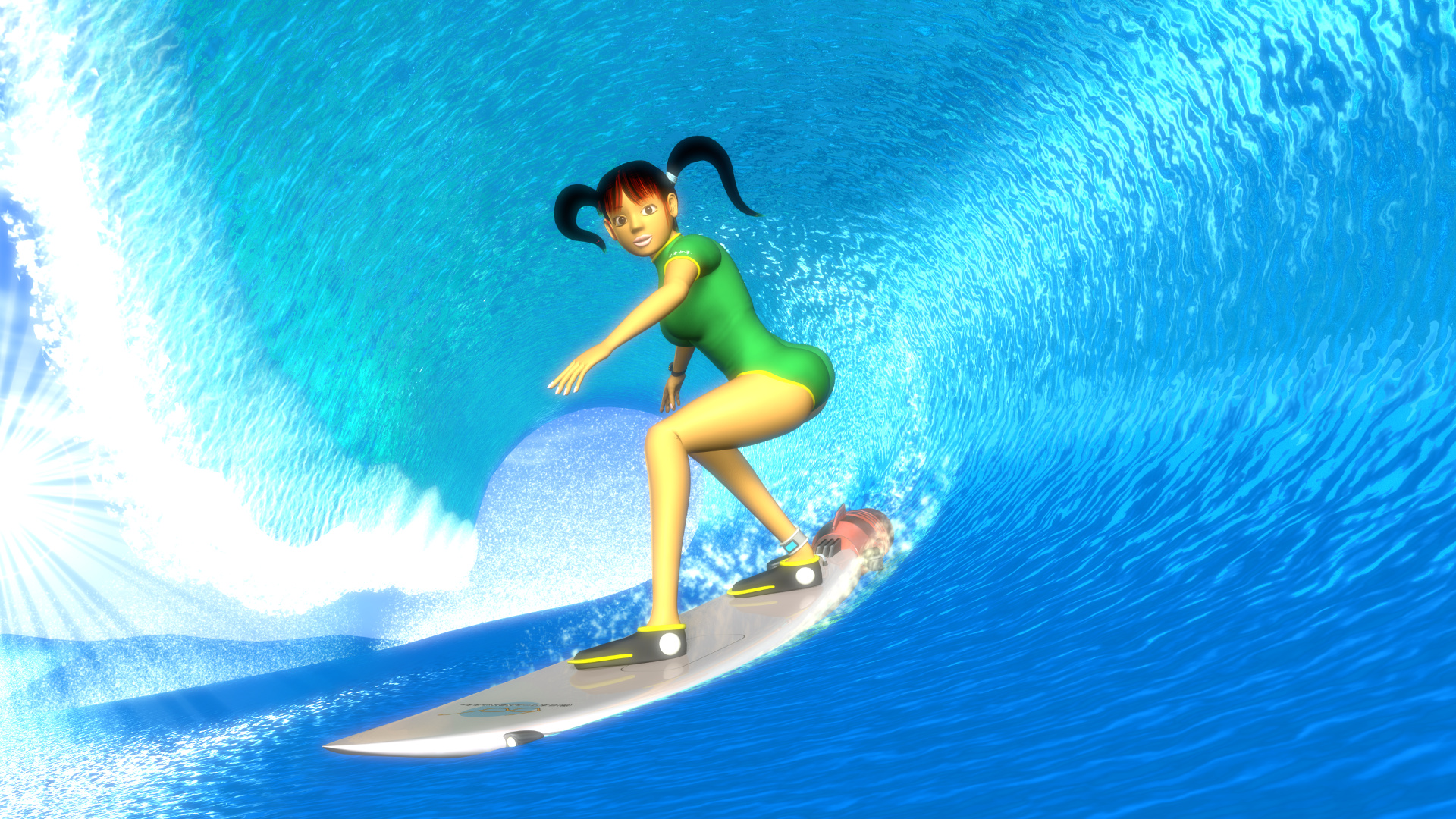 3DキャラクターOLと海（サーフィン）グロー